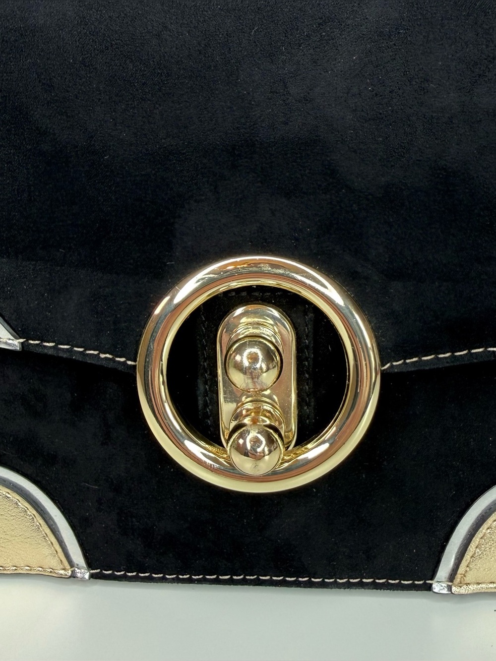 Express Women's Crossbody Mixed Media Black Velvet & Metallic Gold/Silver Bag - Picture 3 of 14